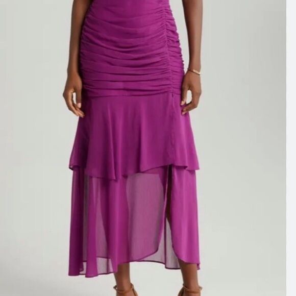 Mila Mae Plum Ruched Chiffon Maxi Dress Flutter Sleeves Lined Flowy Dress-EE9 - Picture 4 of 10